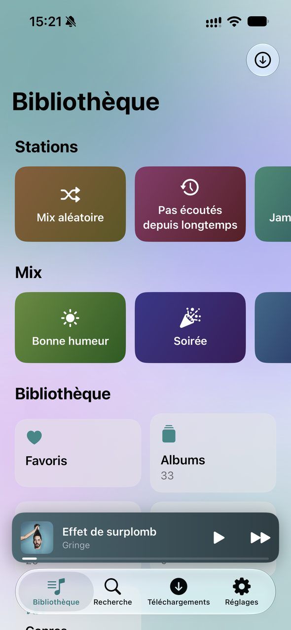 Accueil de la bibliothèque : stations, mix par humeur et catégories