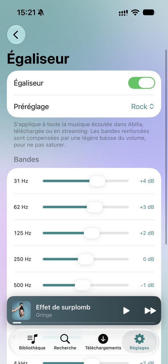Égaliseur dix bandes avec le préréglage Rock